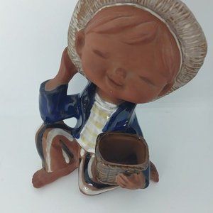 UCTCI cobalt Blue Asian Bisque Ceramic Boy Succulent Air Planter Japan 7" unique